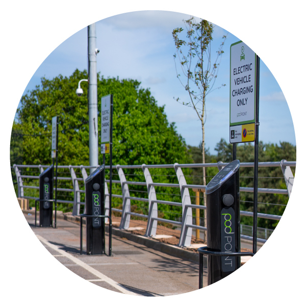 Three Pod Point twin chargers next to each other covering 6 parking bays, with signage installed above them