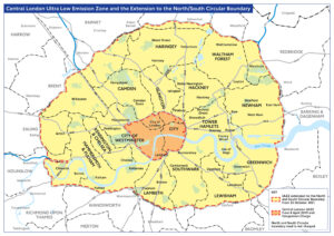 Map showing old London ULEZ zone in orange, and new 2021 ULEZ expansion zone in yellow.