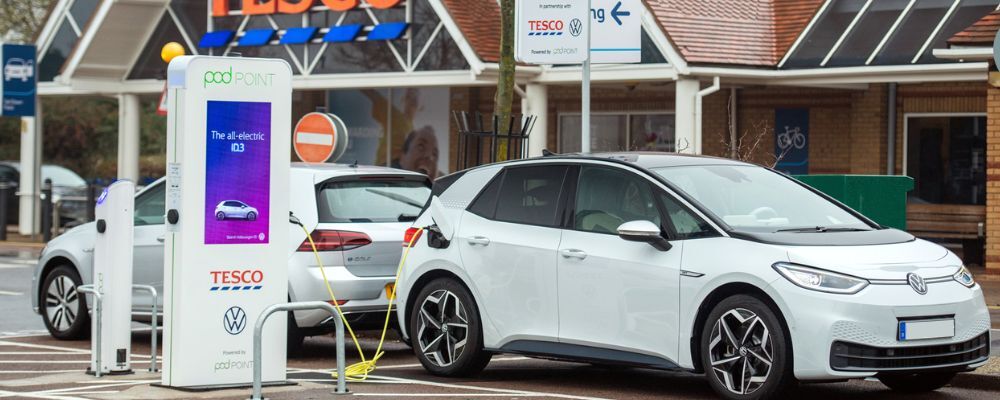 Pod Point Media charger at a Tesco store