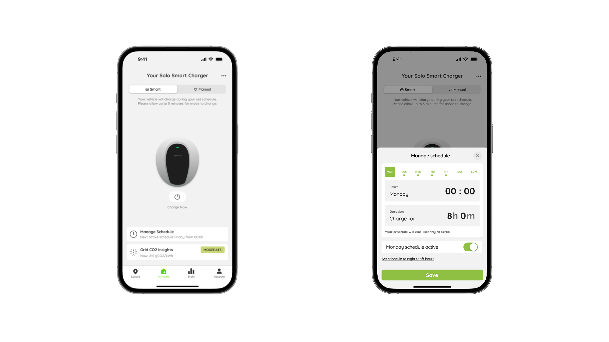 Pod Point App screenshots of Charge Scheduling feature