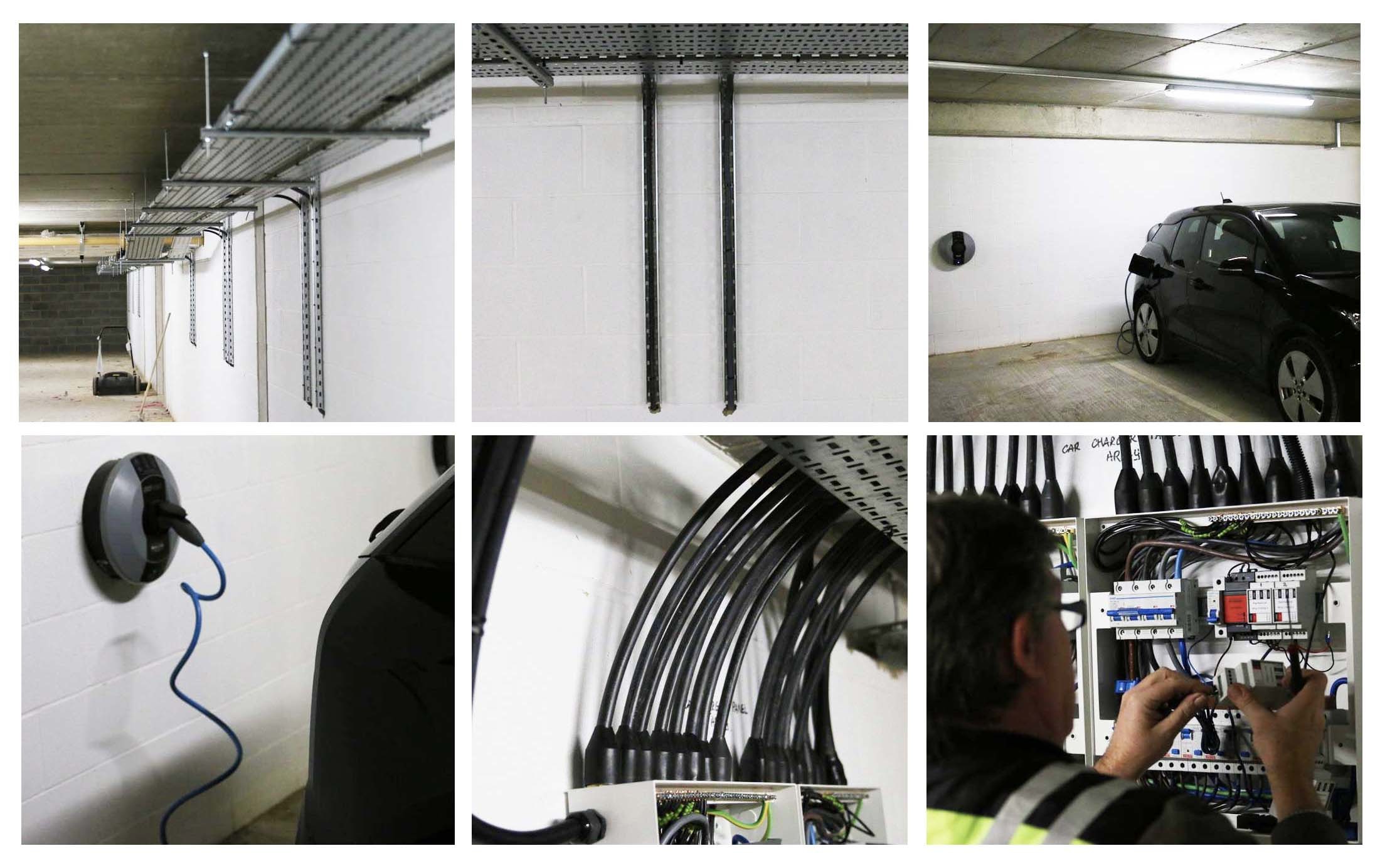 A collage of Devon Road's wiring system for the indoor car park