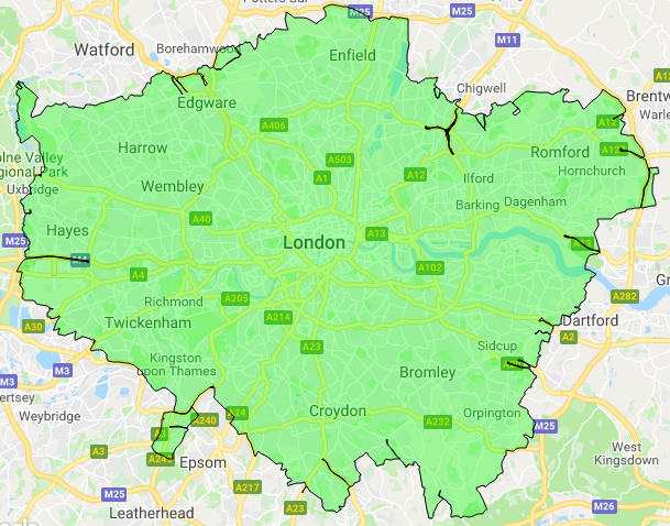 Map showing London's large low emission zone in bright green