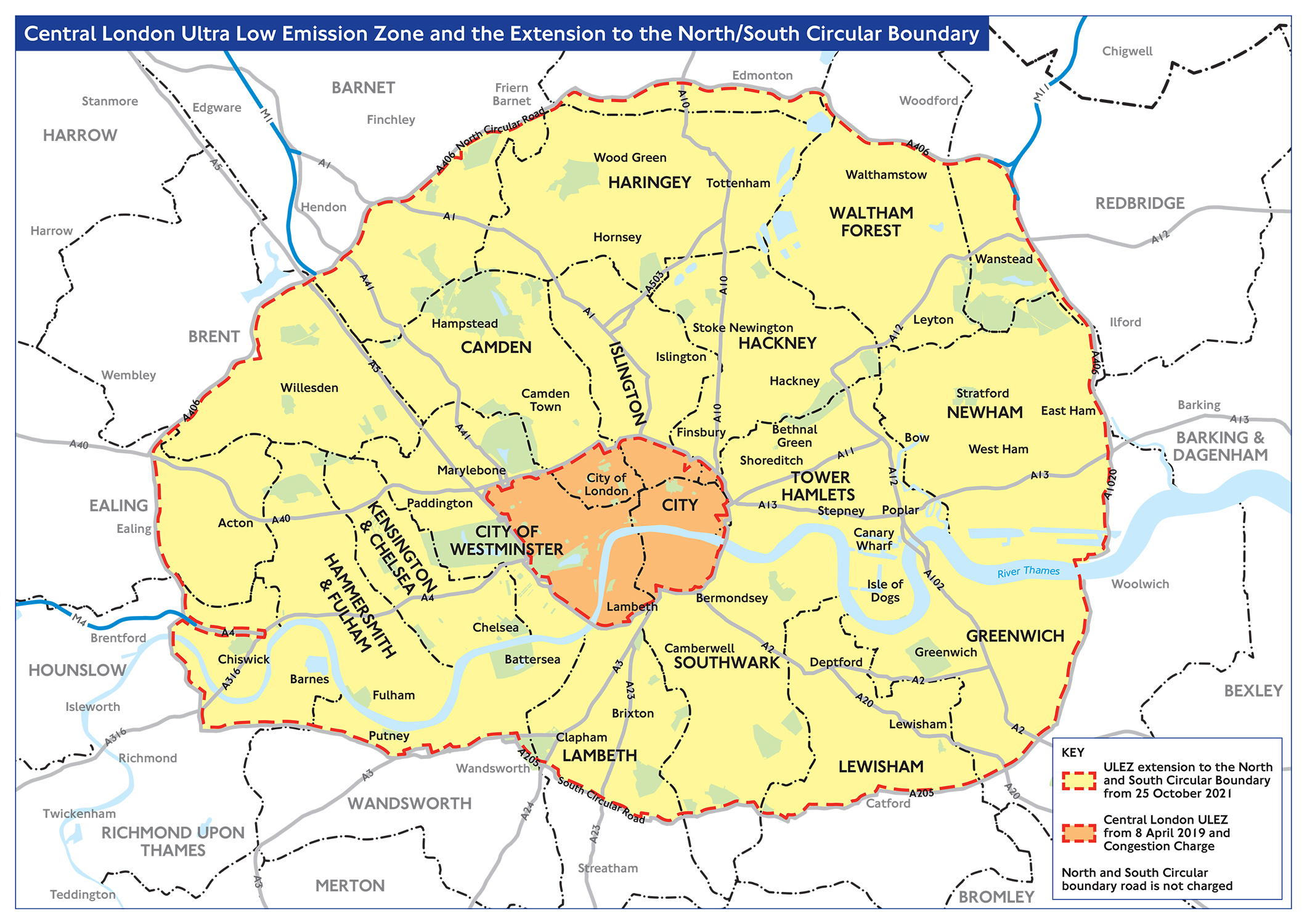 Map showing old London ULEZ zone in orange, and new 2021 ULEZ expansion zone in yellow.